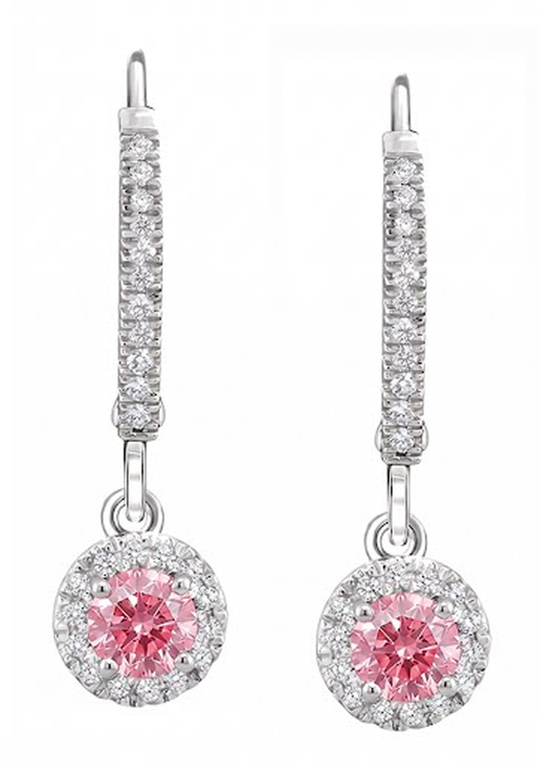 Round Pink Lab Grown Diamond and White Diamond Pave Halo Leverback Earrings 14K White Gold