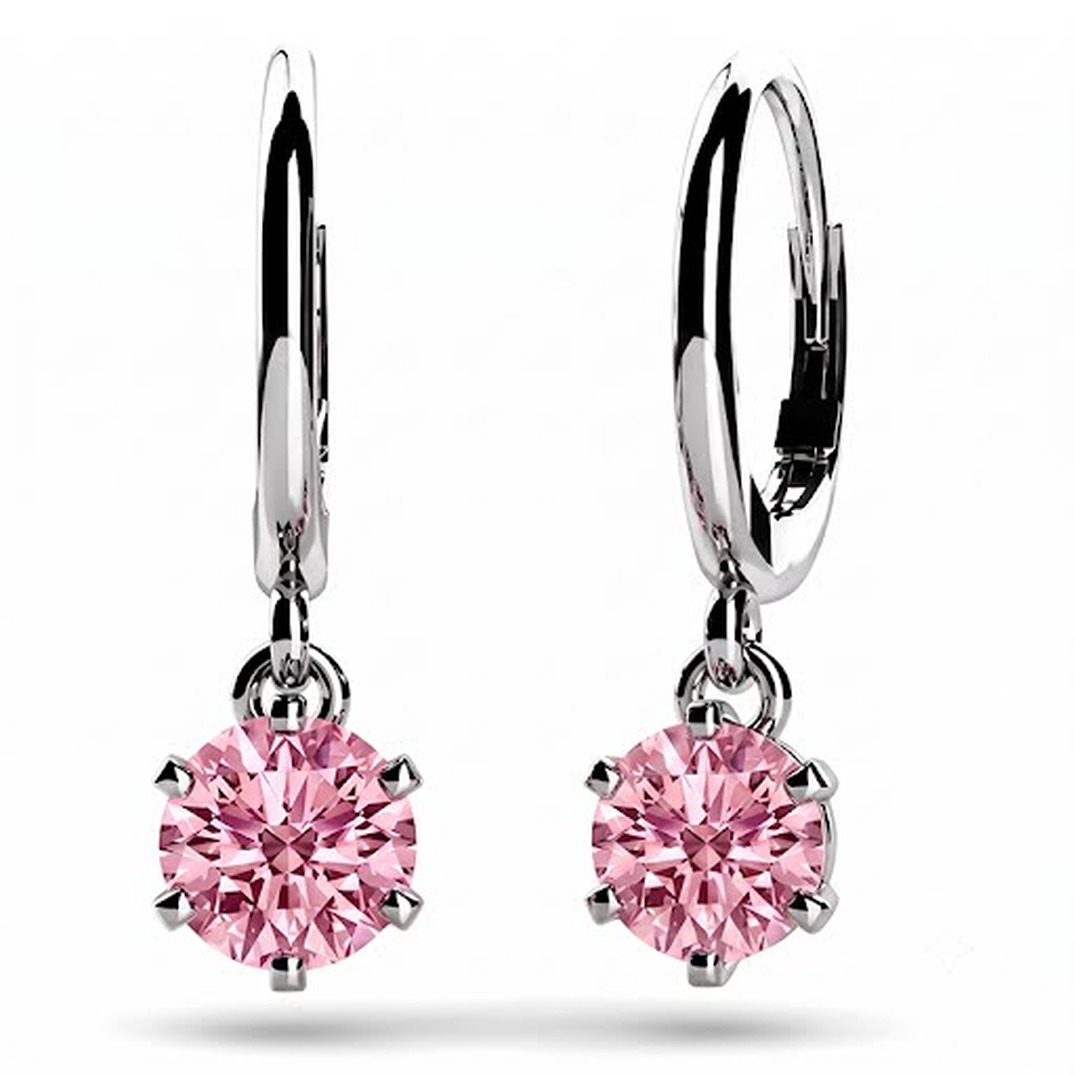 Round Pink Lab Grown Diamond Solitaire Leverback Earrings 14K White Gold