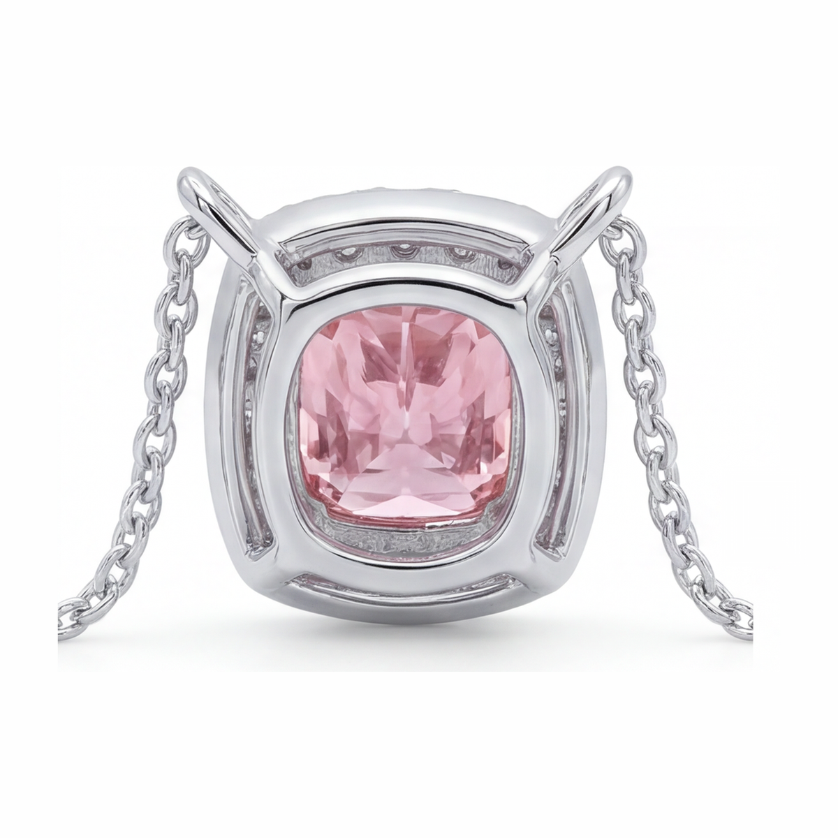 Pink Diamond Necklace 3.75 Carat Lab Grown Cushion Halo Pendant 14K White Gold
