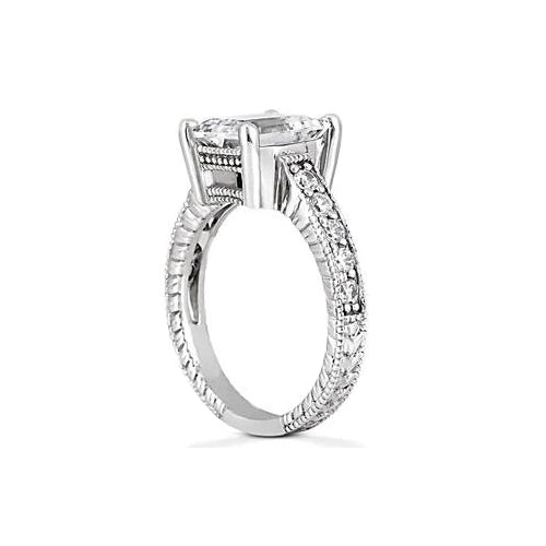 Antique White Gold half bazel fancy Engagement Diamond Solitaire Ring