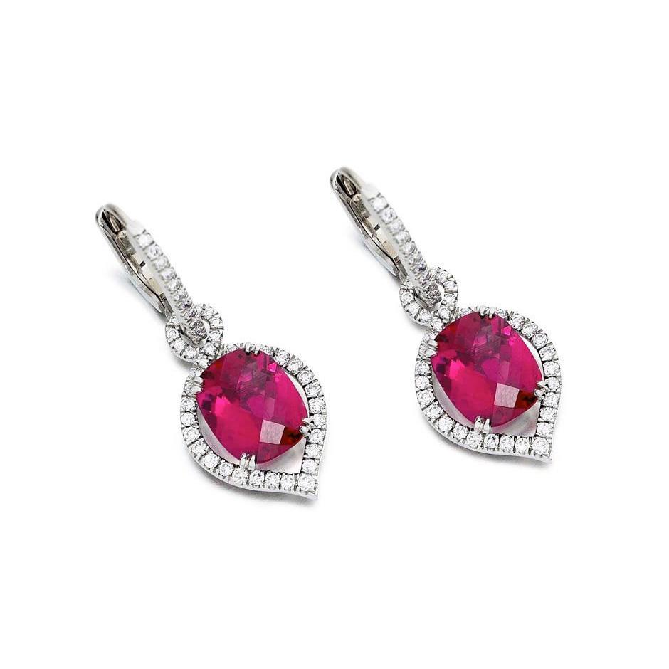 Sparkling Unique Pink Tourmaline And Diamond Hoop Dangle Gold Earring Pair G