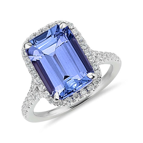 Sparkling Unique Lady’s Emerald Shape Tanzanite With Round Diamonds Ring Gold New
