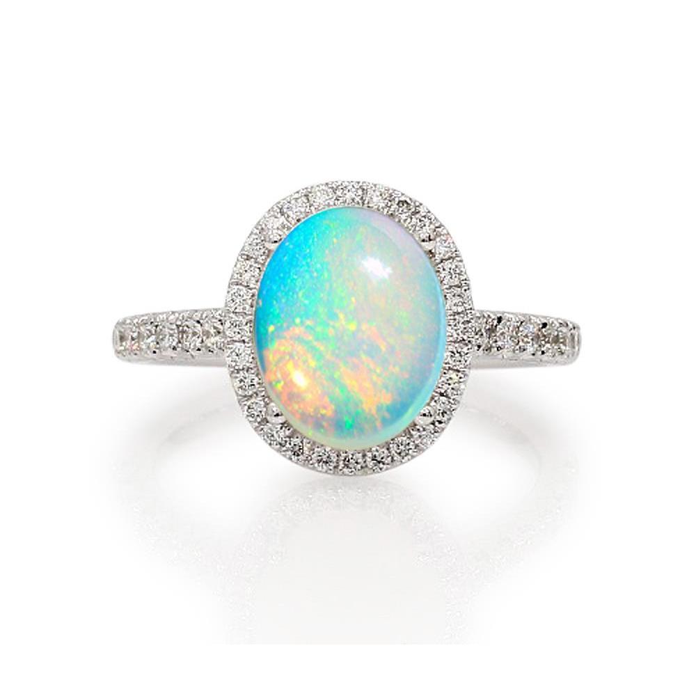 Half bazel fancy Big Opal And Diamonds Anniversary White Gold Gemstone Ring