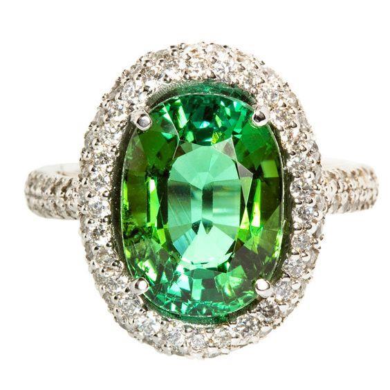 Princess Cut Green Oval Cut Tourmaline Diamond Wedding White Gold Ring