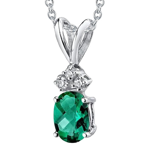 11 Ct Prong Set Green Emerald With Natural Earth Mined Diamond Pendant 14K White Gold