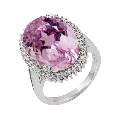 12.40 Ct Oval Pink Kunzite With Natural Earth Mined Diamond Ring White Gold 14K