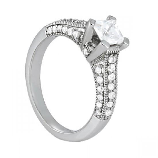 Antique Look Vintage Style White Gold Diamond Solitaire Ring with Accents