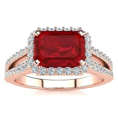 Fancy Womans Red Ruby Emerald Cut With Diamond Wedding Rose Gold Gemstone Ring