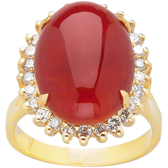 Sparkling Solitaire With Accent Red Coral With Diamonds Yellow Gold