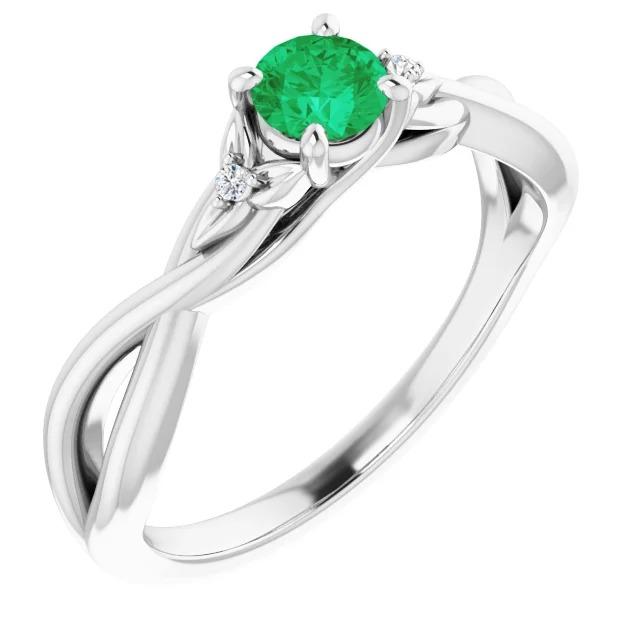 Ladies Green Emerald Ring Twisted Shank White Gold Gemstone Ring
