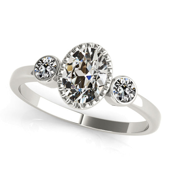 14K Gold 3 Stone Ring Oval Old Mine Cut Diamond