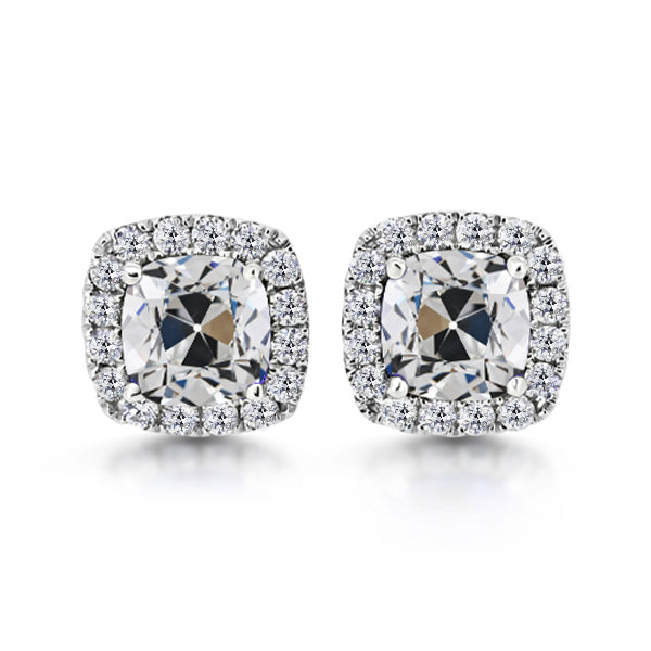 14K Gold Halo Diamond Cushion Old Miner Stud Earrings 10 Carats