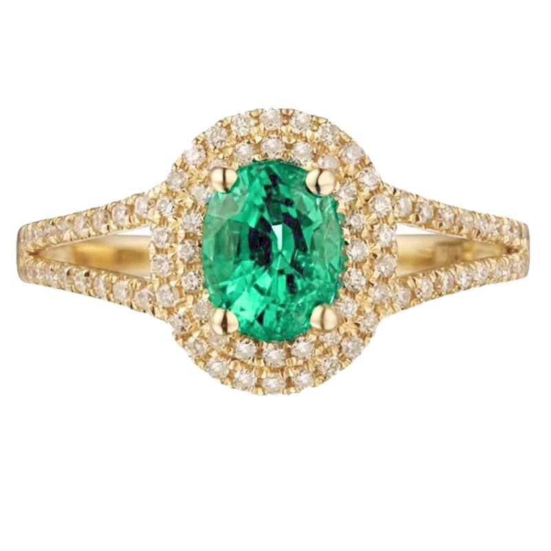 Lady’s Brilliant Oval Shaped Green Emerald With Round Diamond Ring