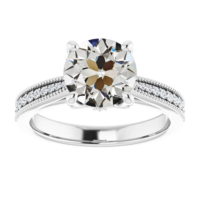 Woman's White Gold Weeding Anniversary Gold Old Miner Cut Diamond Ring With Accents