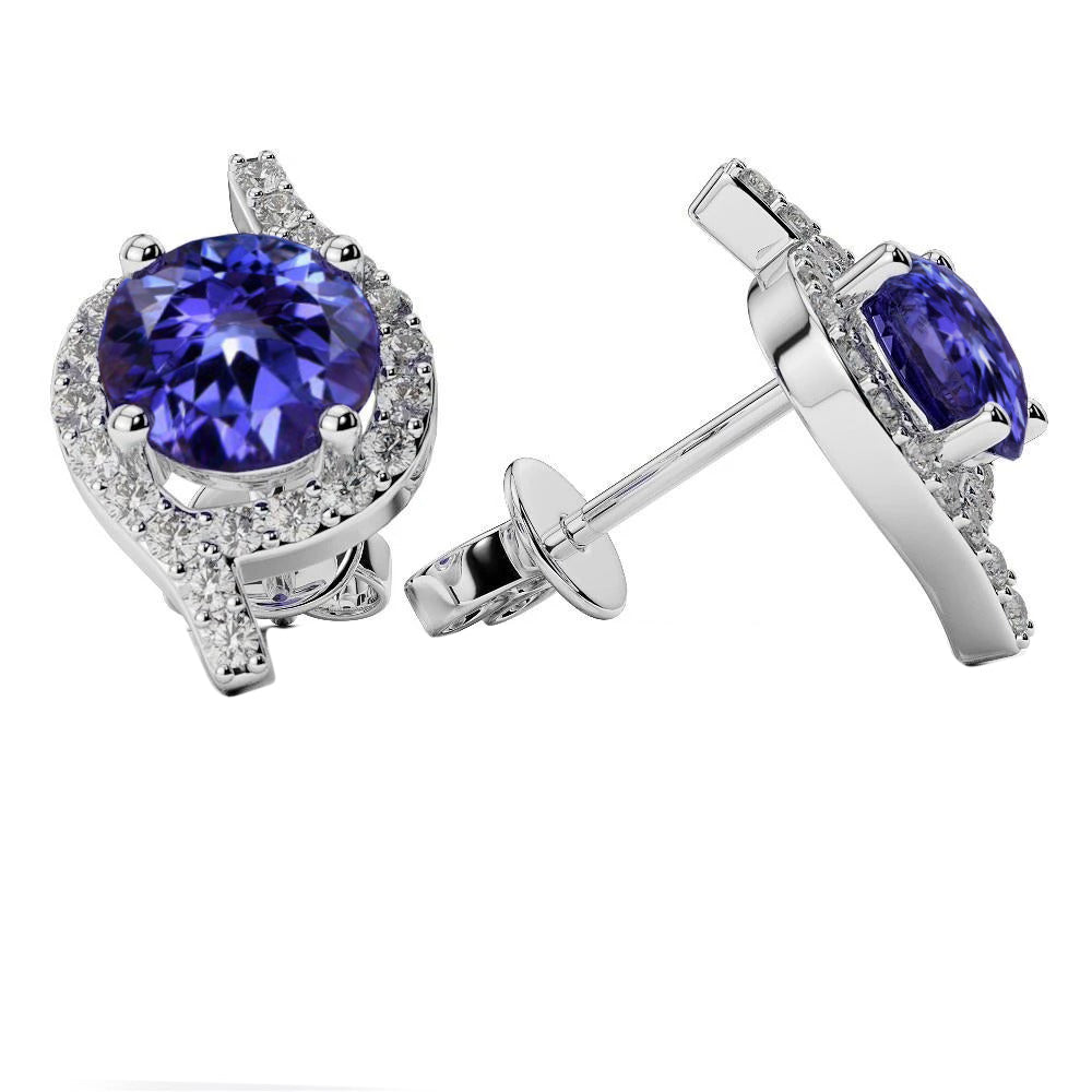 3.98 Carats Tanzanite With Natural Earth Mined Diamonds Studs Earrings White Gold 14K