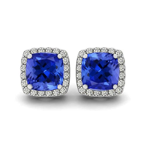Tanzanite And Diamonds Studs Earrings Woman's Weeding Anniversary White Gold