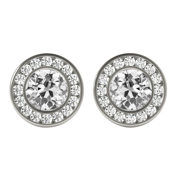 14K White Gold Stud Earrings Halo Old Cut Round Diamonds 6.50 Ct.