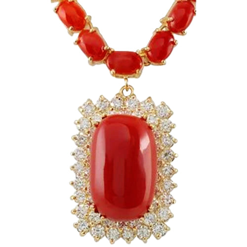 14K Yellow Gold 50.75 Ct Red Coral With Natural Earth Mined Diamonds Women Necklace