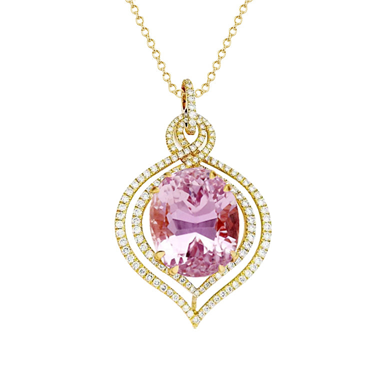 14K Yellow Gold Ladies Pink Kunzite Natural Earth Mined Diamond Pendant Gemstone Jewelry