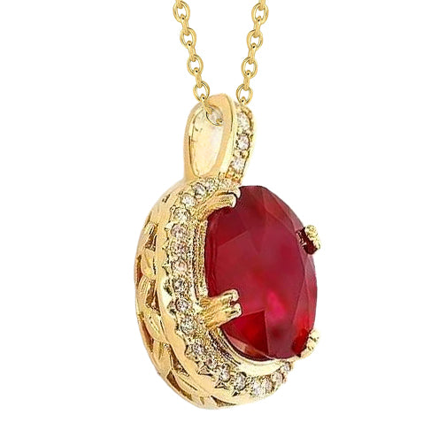 14K Yellow Gold Ruby With Natural Earth Mined Diamonds 6.55 Carats Pendant Necklace