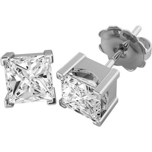 Princess Cut Diamond Stud Earring White Solid Gold Stud Earrings