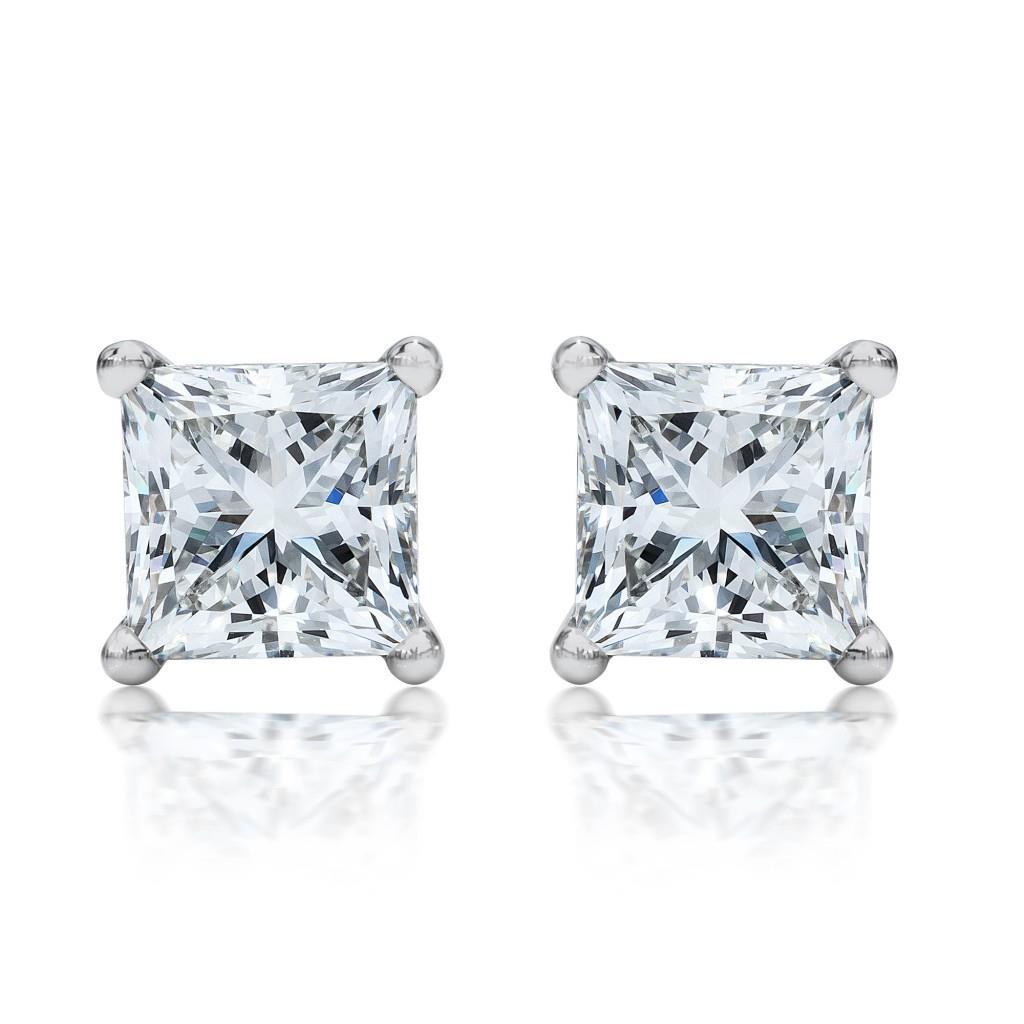 Four Prong Set Princess Diamond Stud Earring White Gold Stud Earrings