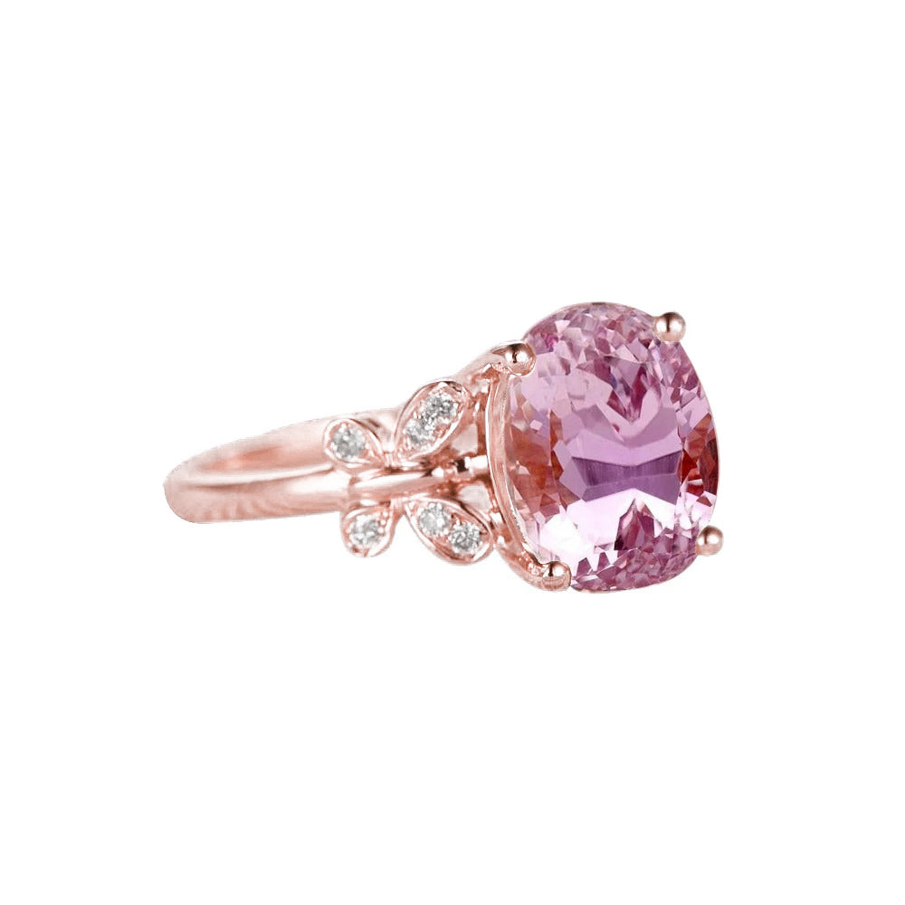 Unique Lady’s Oval Cut Pink Kunzite With Diamond Ring Rose Gold
