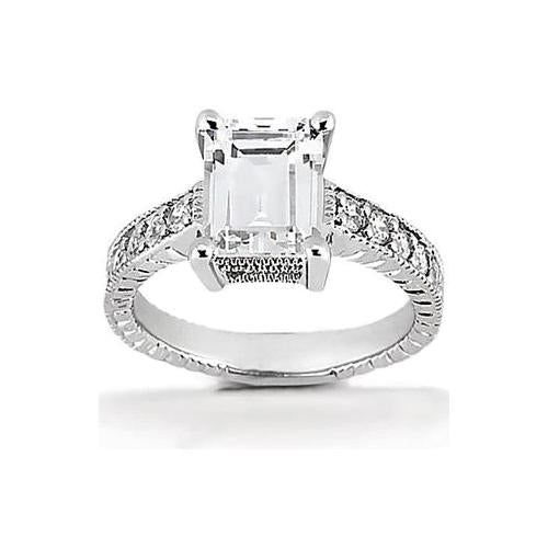 Antique White Gold half bazel fancy Engagement Diamond Solitaire Ring with Accents