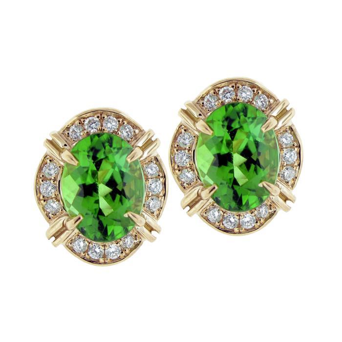 15.30 Ct Oval Cut Green Tourmaline Diamond Stud Halo Earring 14K Yellow Gold Gemstone Earring