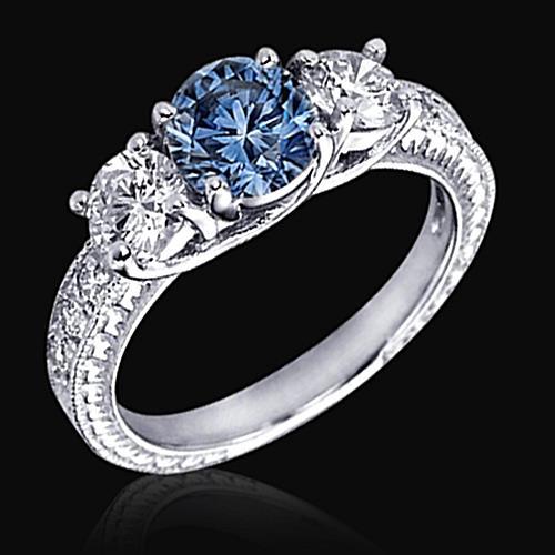 lady Blue Diamond Three Stone Engagement White Gold Gemstone Ring