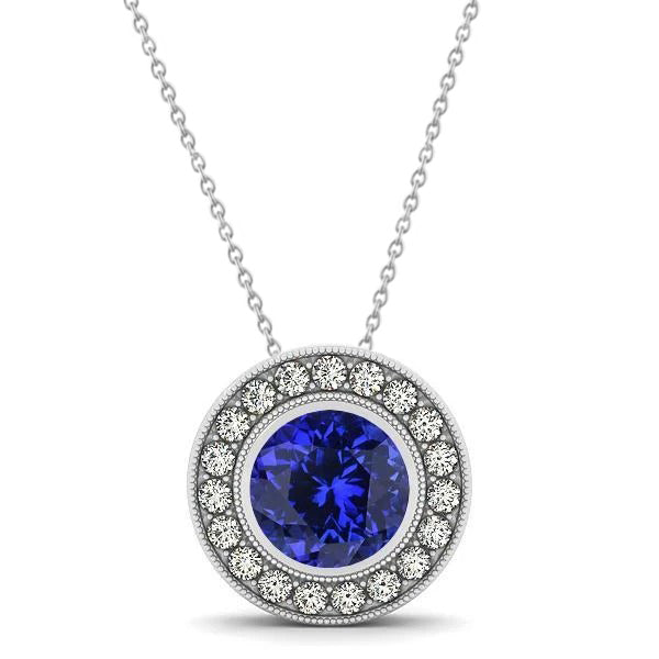 17.50 Ct Round Cut Tanzanite With Natural Earth Mined Diamonds Pendant White Gold 14K
