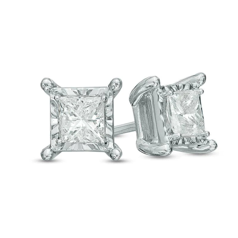 Princess Cut Stud Diamond Earring White Gold Diamond Cut Mounting