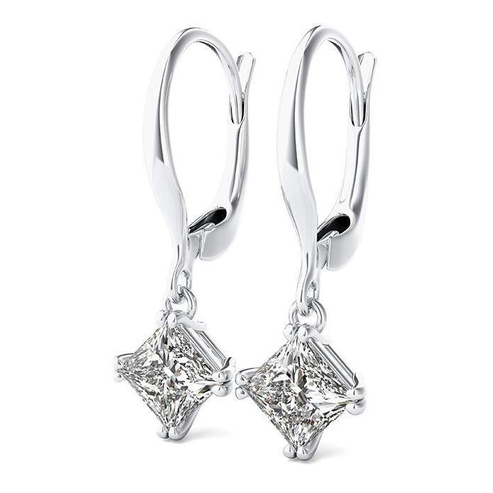 2 Carats E Vvs1 Princess Cut Diamond Earrings Leverback Eurowire 14K White Gold Leverback Earrings
