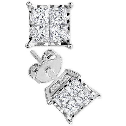 Fancy Princess Cut Diamond Stud Earring White Gold S