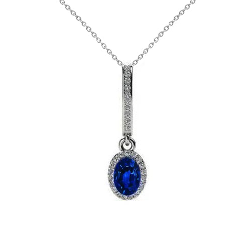 2.15 Ct. Blue Oval Sapphire Pendant Halo Natural Earth Mined Diamond Necklace
