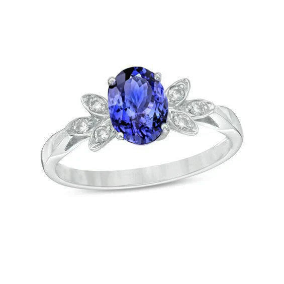 2.05 Carats Tanzanite And Natural Earth Mined Diamond Ring White Gold 14K