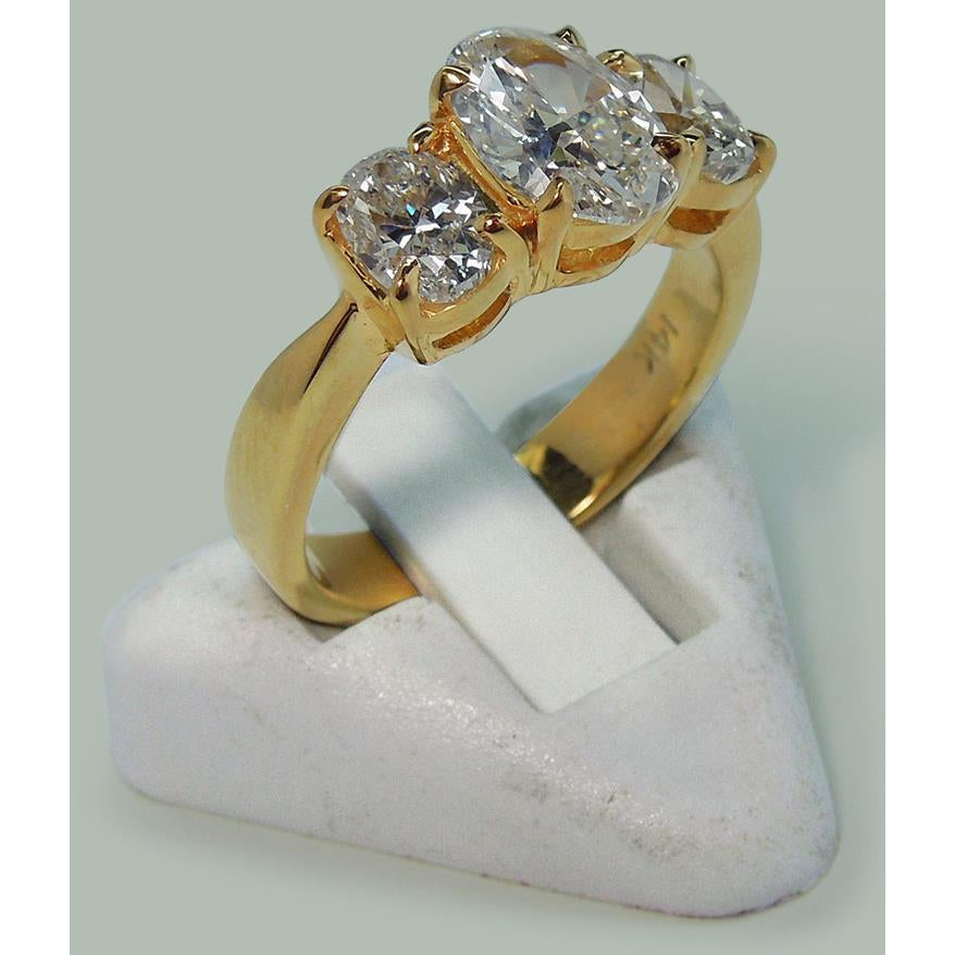 2.81 Cts. Oval Natural Earth Mined Diamonds Three Stone Engagement Ring Yellow Gold 14K