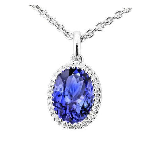 20.00 Ct Oval Tanzanite With Round Natural Earth Mined Diamonds Pendant 14K White Gold