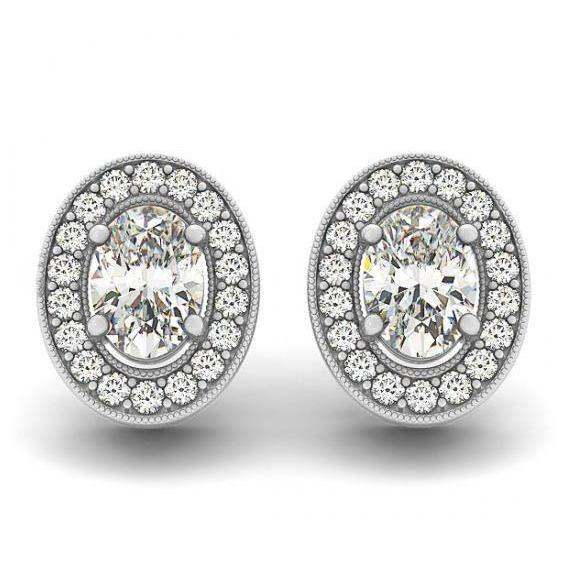 Ladies Oval Diamonds Halo Studs Pair Earrings White Gold