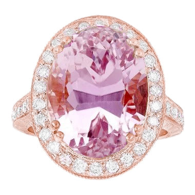 Sparkling Unique Lady’s Pink Kunzite With Diamond Ring New Rose Gold