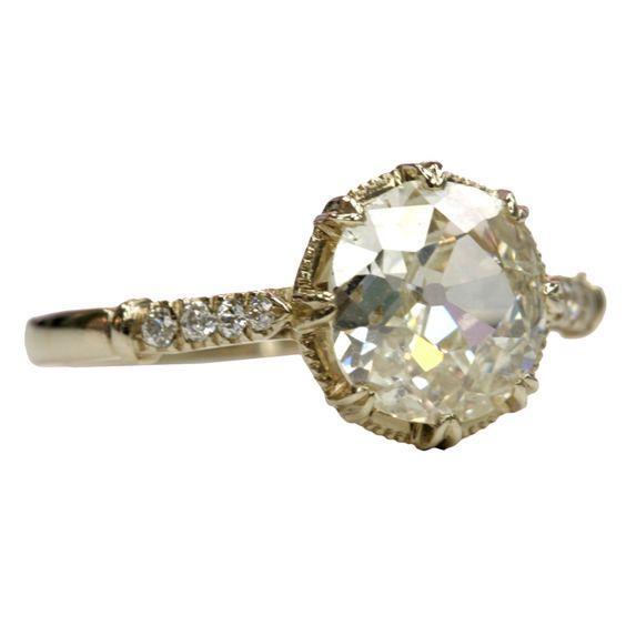 Old Miner Cut Diamond Engagement White Gold Solitaire Ring with Accents