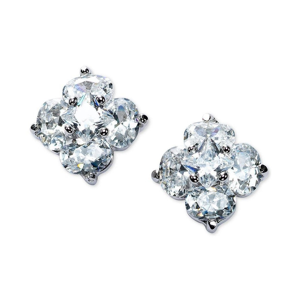 Sparkling Oval And Princess Cut Diamond Stud Earring 14K White Gold