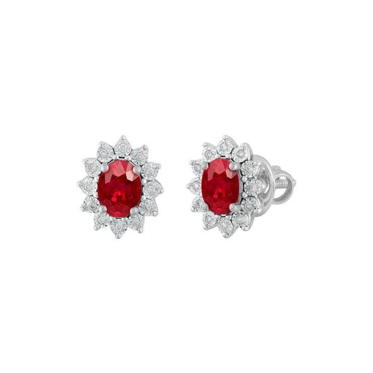 Oval Cut Ruby Diamond Halo Stud Earring Women Jewelry White Gold