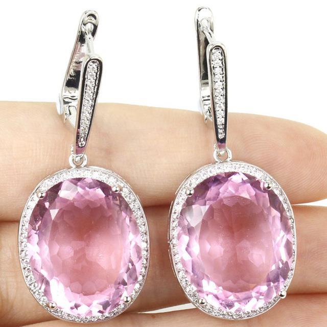 Womans Prong Set Kunzite And Diamonds Dangle Earrings White Gold Gemstone