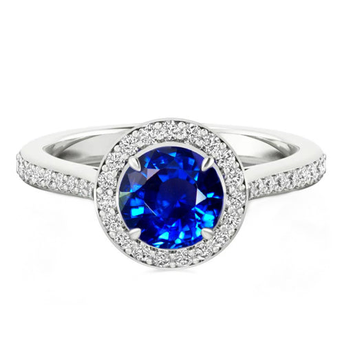 3.50 Carats Ceylon Sapphire And Natural Earth Mined Diamonds Ring White Gold 14K