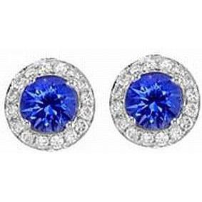 Elegant Woman's Round Ceylon Sapphire And Diamond Pave Halo Stud Earrings Gemstone Earring
