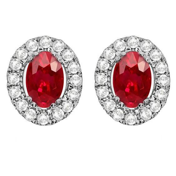 New High Quality Wedding Red Ruby And Diamond Halo Stud Earring White Fine Gold