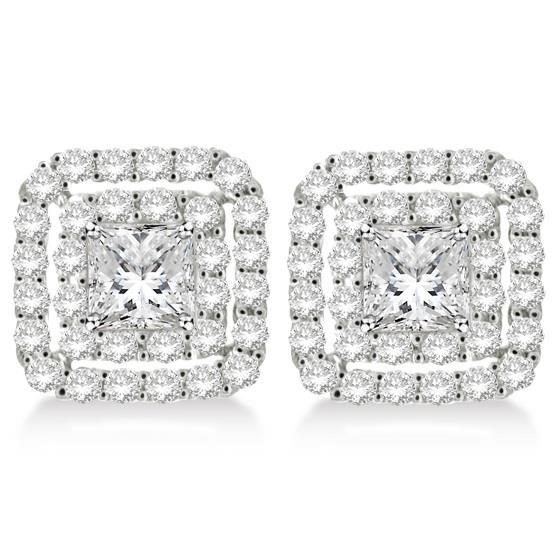 New Princess Cut Pave Set Diamond Jackets Earring White Gold Studs halo