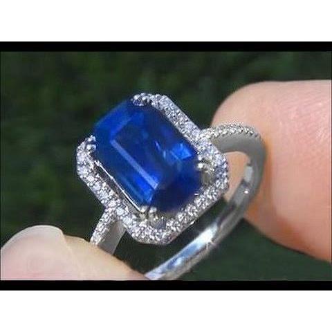 Sparkling Unique Lady’s Blue Emerald Cut Sapphire With Diamond White Gold Gemstone Ring