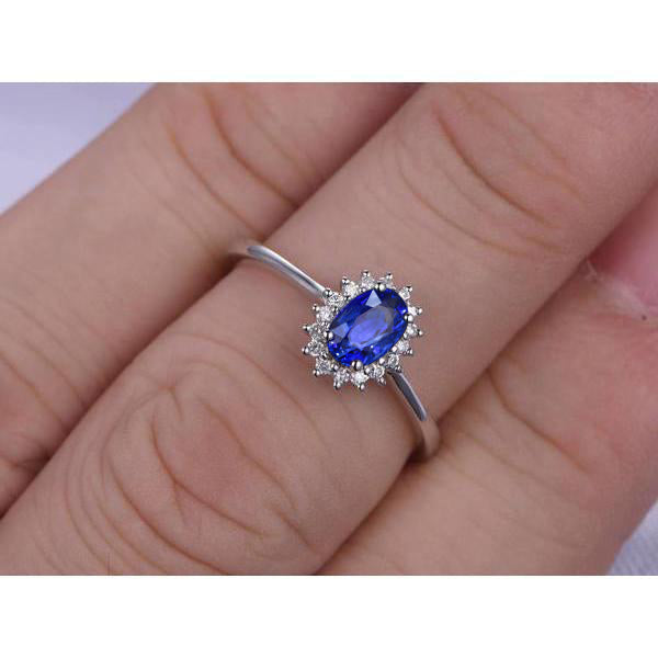 Women Jewelry Oval Cut Ceylon Sapphire And Diamond Ring White Gold